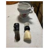 Vintage mustache cup, and shaving brushes