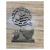 2- brass chicken/ rooster trivets