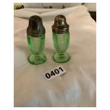 Green uranium glass salt, and pepper shaker
