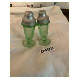 Green uranium glass salt, and pepper shaker