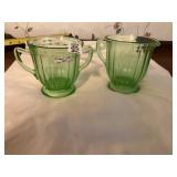 Green uranium ribbed creamer and sugar