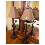 2- black leaf framed table lamps
