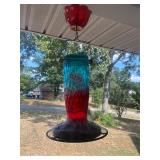Blue and red glass, hummingbird feeder