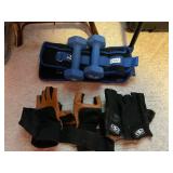 Ankle weights, 4 lb dumbbells, weight gloves