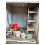 Shed- planters, buckets, metal rack
