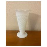 White hobnail milk, glass vase