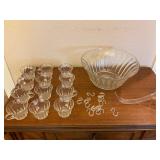 Glass punch bowl, glass glasses, plastic ladle