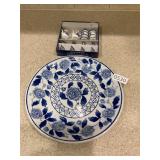 Blue and white platter and spreaders
