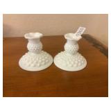 White hobnail milk glass candle holders