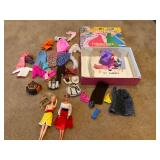 Barbie doll, clothes, carry case