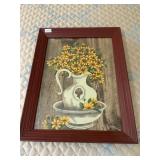 Framed pitcher/bowl  and yellow daisy flowers