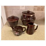 4- vintage Brown cookie jar, dish, pitchers