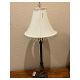 Black metal table lamp, beaded shade