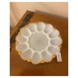 Milk, glass, gold trimmed deviled egg plate