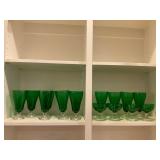Green glass, crystal stemware glasses