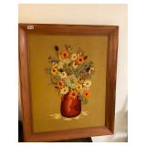 Vintage framed embroidered- flowered vase