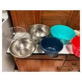Glass, Stainless, and plastic mixing bowls