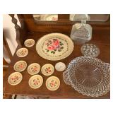 Crystal frog, dish, platter, and flower server set