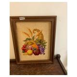 Vintage framed embroidered- Fruit basket