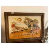 Vintage framed embroidered- Farm house