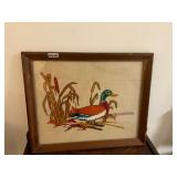 Vintage framed embroidered- Green head mallard
