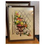 Vintage framed embroidered- Pot and plants