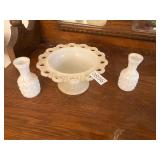 White milkglass pedestal dish and 2 vases