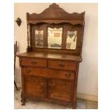Antique wood and beveled mirror hutch/buffet