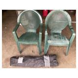 Two stackable green chairs, and camping chair