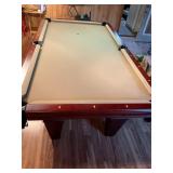 8 ft pool table, balls, cues, racks