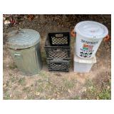 Trashcan, milk, crates, feed buckets