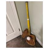 Bat, ball, 2 gloves