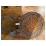 2 wooden and wicker plant stands