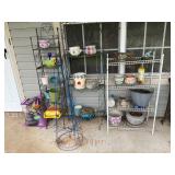 Planters, tomato cages, metal shelves