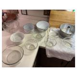 Bundt Pan, glass mixing bowls Pyrex etc