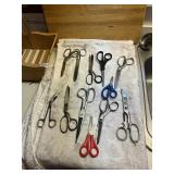 Lot of assorted scissors and duck basket