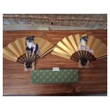 2 vintage hand painted japanese folding fans