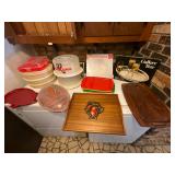 Cake, plates, serving platters