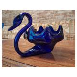 Vintage Cobalt Blue Glass Swan Bowl Handblown