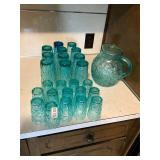 Vintage crinkle aquamarine pitcher- 25 glasses