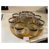 Wooden serving tray with ice bucket, 8 glasses