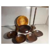 Wooden bowls, salt/pepper shakers, holder - all