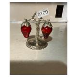 Silver and strawberry glass salt and pepper shaker
