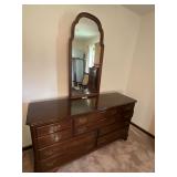 Dark wood, dresser, and mirror