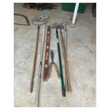 Rakes, level, snips, and hoe