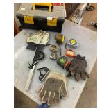 Toolbox, tape measures, gloves all