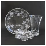 Matching Glass Ivy Platter & Bowl w Clear Vase