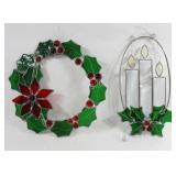 Large Stain Glass Wreath & Candle Hanging Art