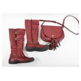 Ladies Rieker Red Leather Boots, Calvin Purse
