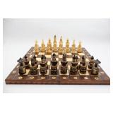 Folding Burnt Wood Chess Board and Pieces